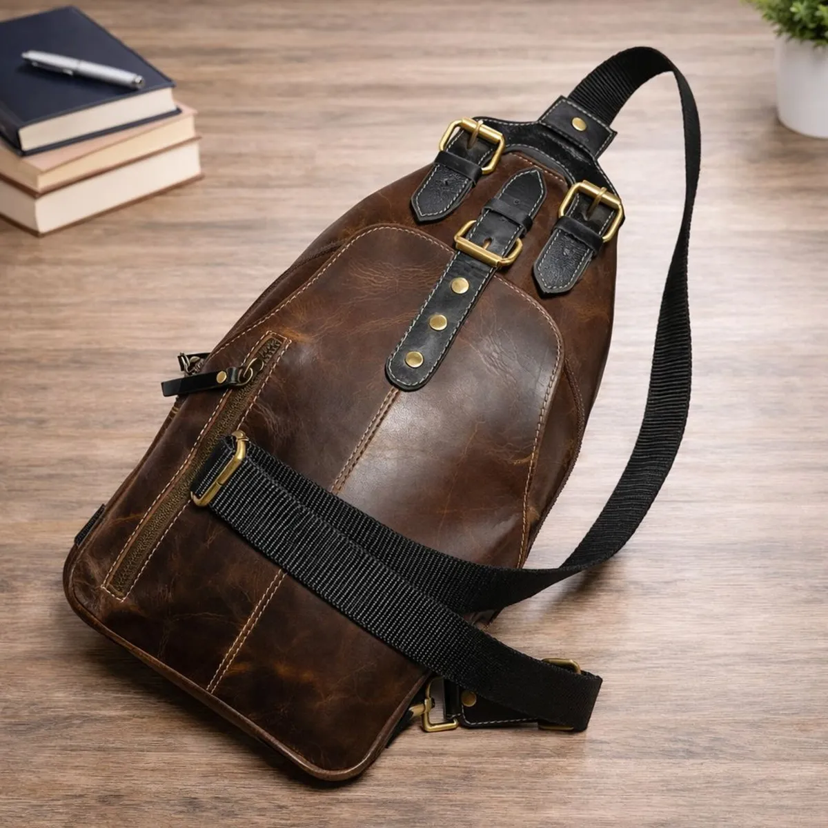 Leather Sling Bag vintage Crossbody Chest Bag - Image 3