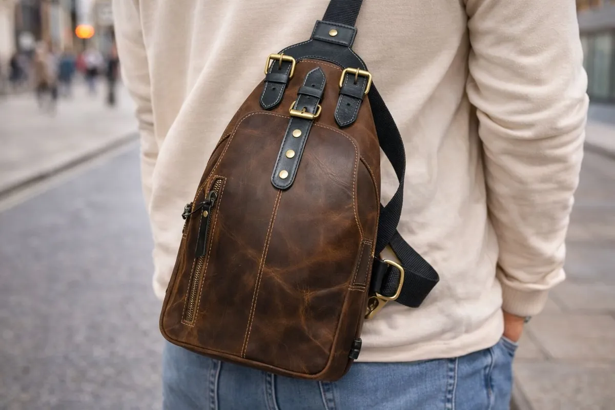 Leather Sling Bag vintage Crossbody Chest Bag - Image 4