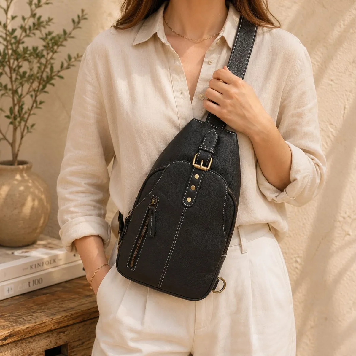 Leather Sling Bag vintage Crossbody Chest Bag - Image 1