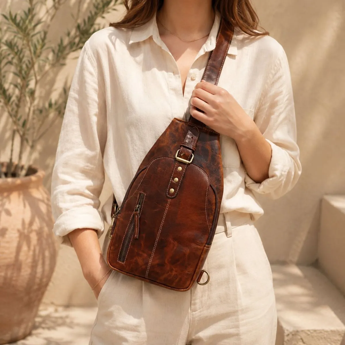Leather Sling Bag vintage Crossbody Chest Bag - Image 1
