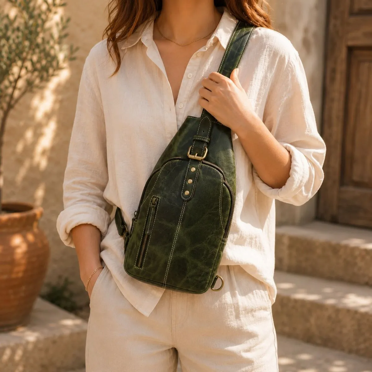 Leather Sling Bag vintage Crossbody Chest Bag - Image 2