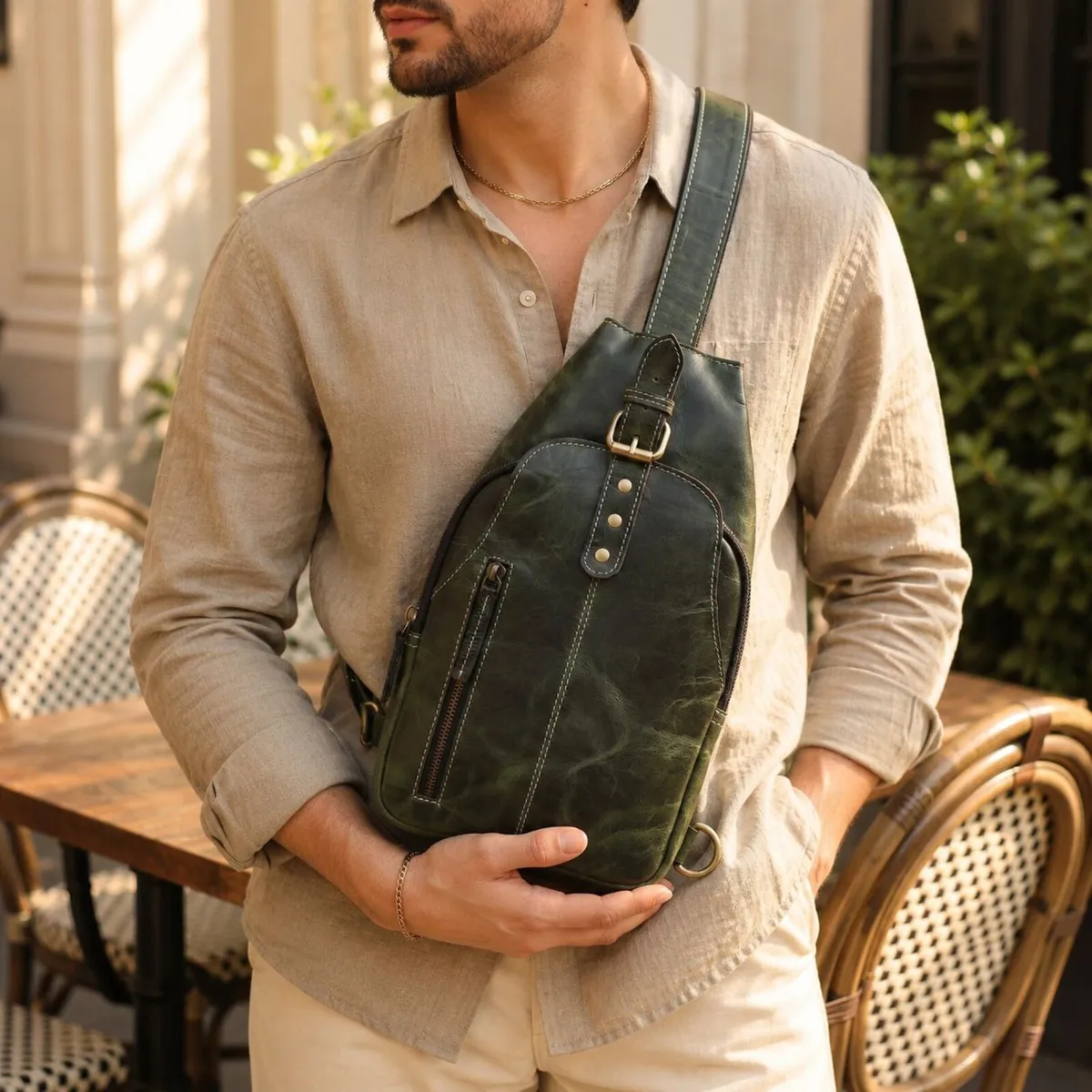 Leather Sling Bag vintage Crossbody Chest Bag - Image 1