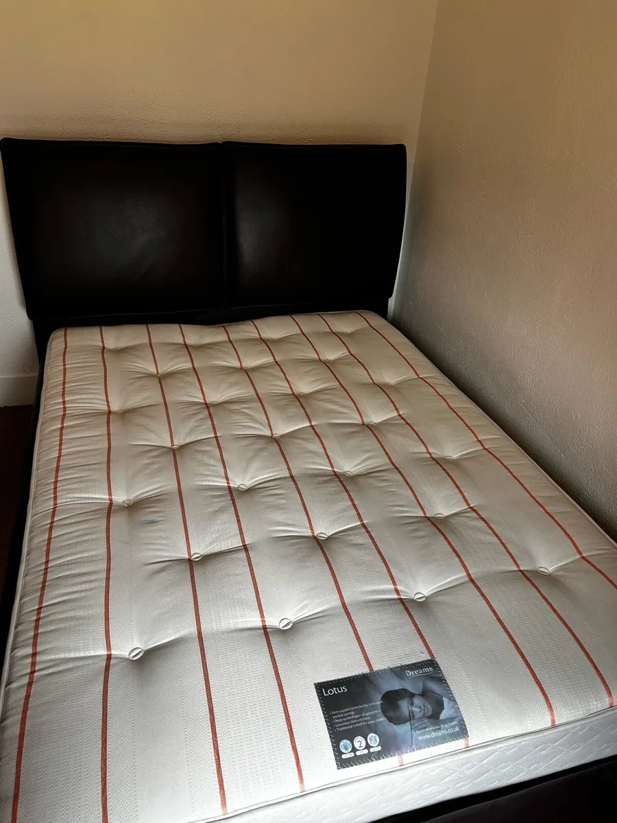 Aubergine colour leather double bed with mattress - Image 1