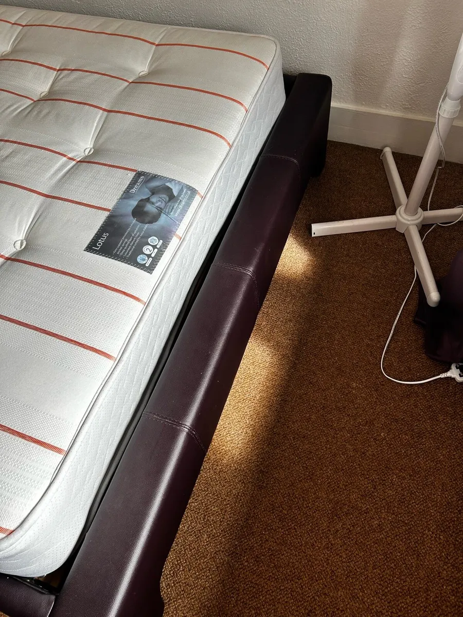 Aubergine colour leather double bed with mattress - Image 2