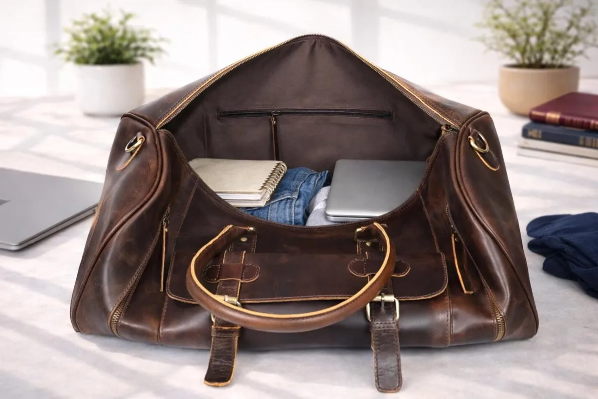 Leather Duffel Bag Vintage Travel Weekender Bag - Image 3