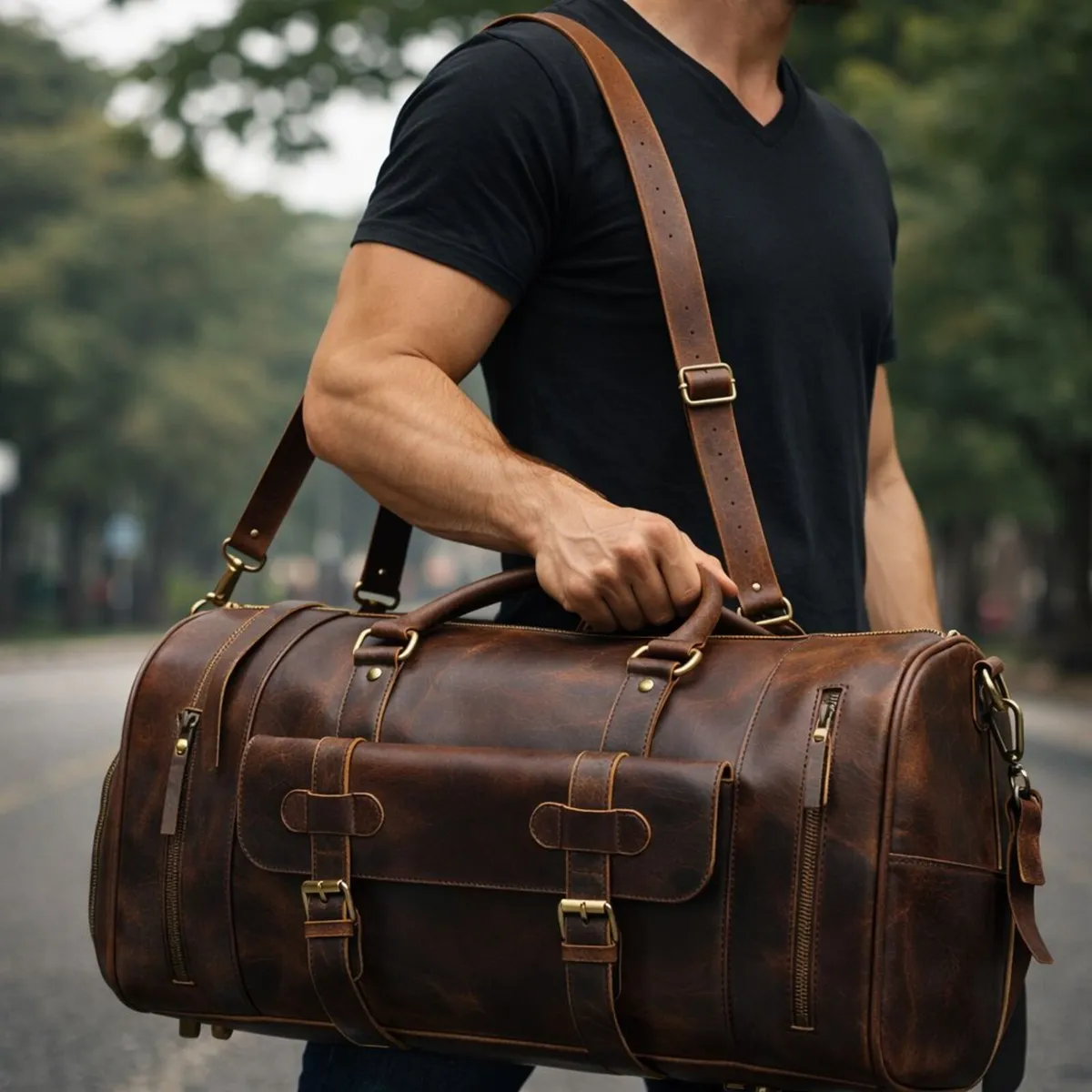 Leather Duffel Bag Vintage Travel Weekender Bag - Image 4
