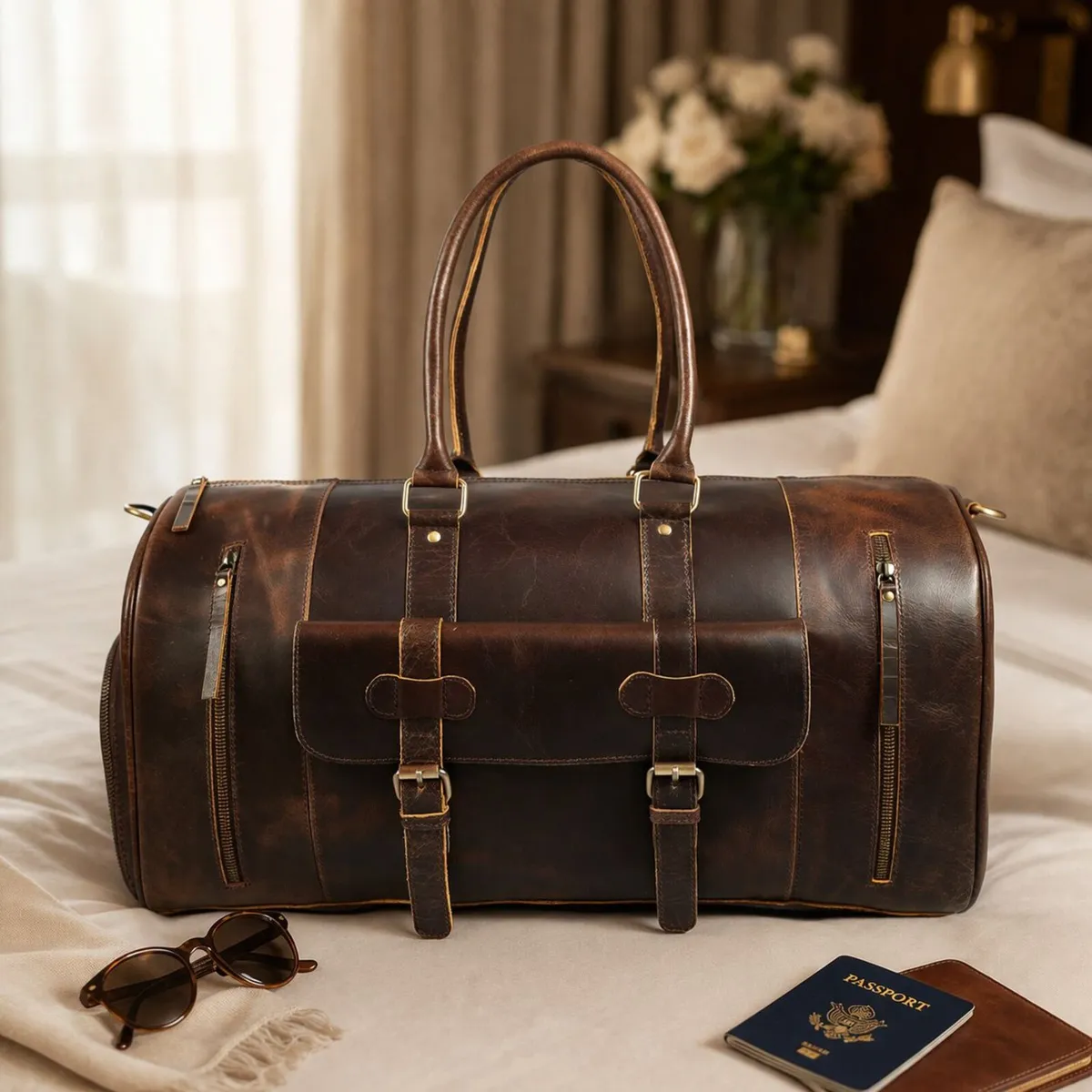 Leather Duffel Bag Vintage Travel Weekender Bag - Image 1