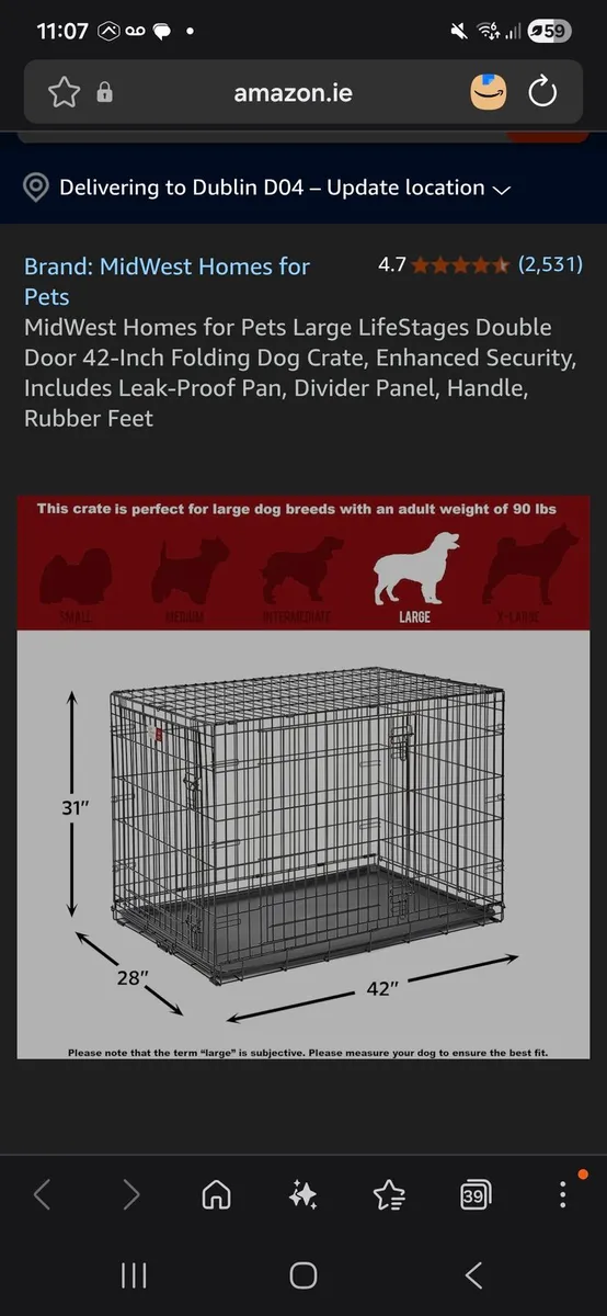MidWest Dog Crate for Large Dogs 42inch 40 EUR ONO - Image 4