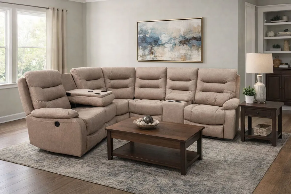 New Electric Grey & Brown Fabric Recliner Sofa - Image 2
