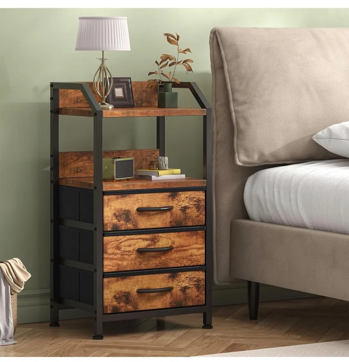 2 Bedside Table with 3 Fabric Drawers & Open Shelf - Image 3