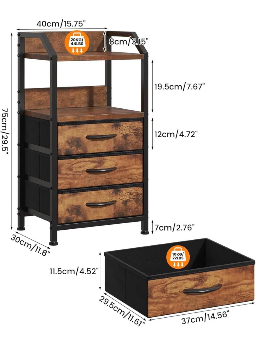 2 Bedside Table with 3 Fabric Drawers & Open Shelf - Image 4