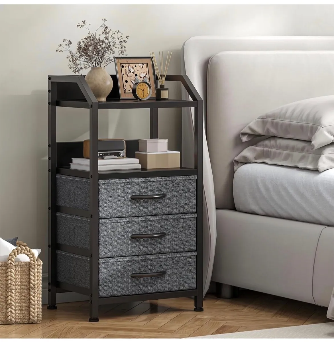 2 Bedside Table with 3 Fabric Drawers and Open She - Image 1