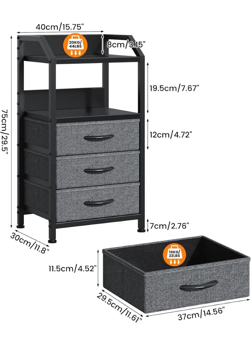 2 Bedside Table with 3 Fabric Drawers and Open She - Image 2