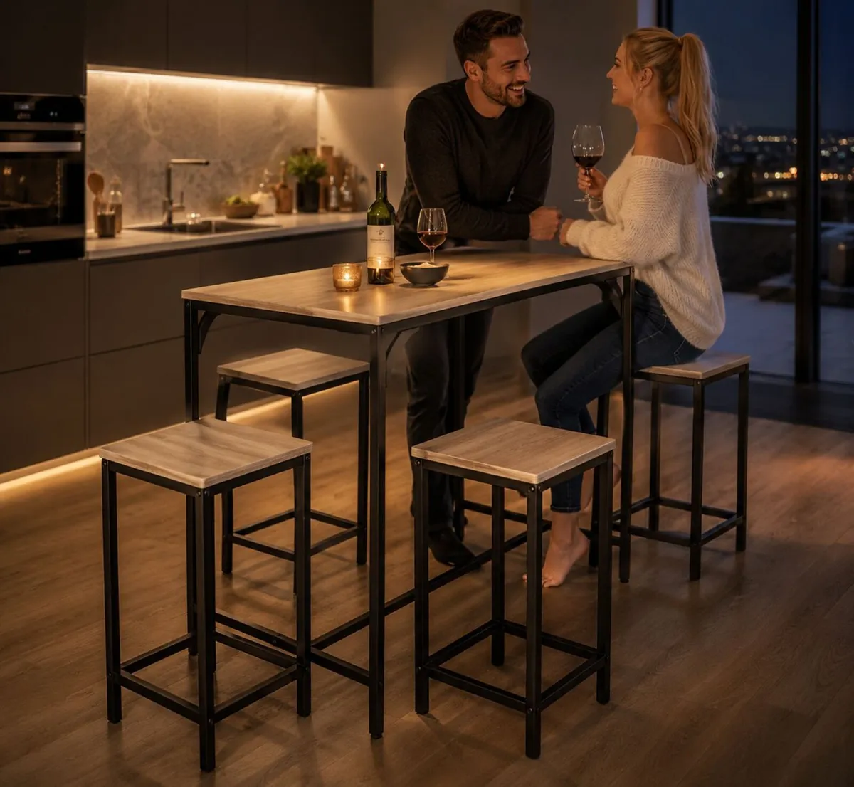 Industrial Bar Table & 4 Stools Set Natural Oak Co - Image 3