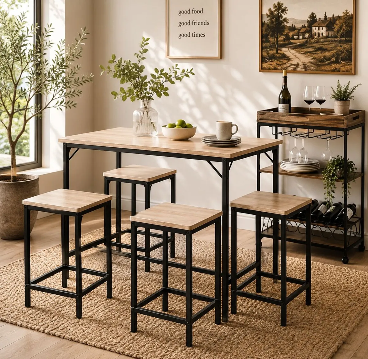 Industrial Bar Table & 4 Stools Set Natural Oak Co - Image 1