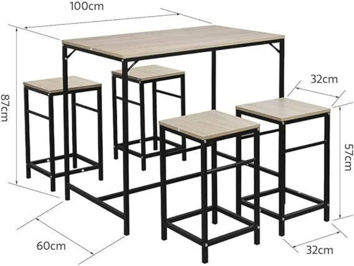 Industrial Bar Table & 4 Stools Set Natural Oak Co - Image 4