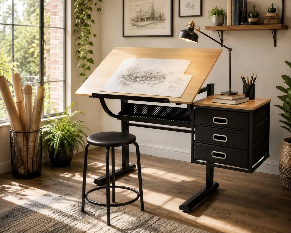Adjustable Drawing Table with Stool and 3 Drawers - Image 1