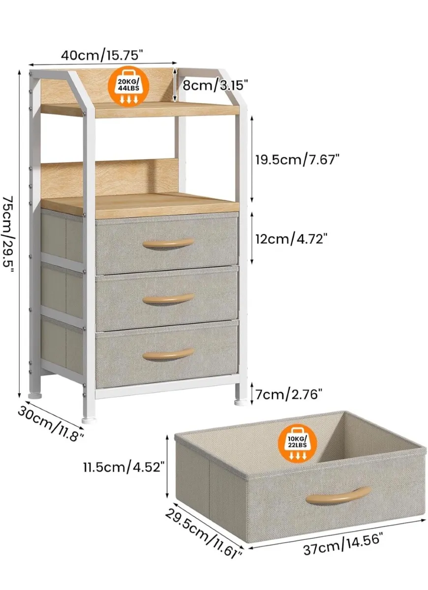 2 Bedside Table with 3 Fabric Drawers and Open She - Image 2