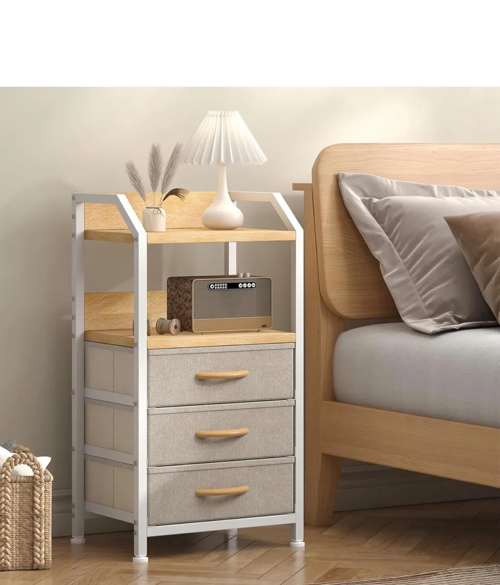 2 Bedside Table with 3 Fabric Drawers and Open She - Image 1