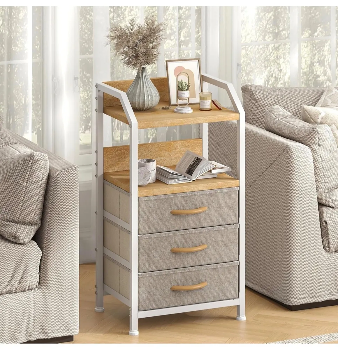 2 Bedside Table with 3 Fabric Drawers and Open She - Image 4