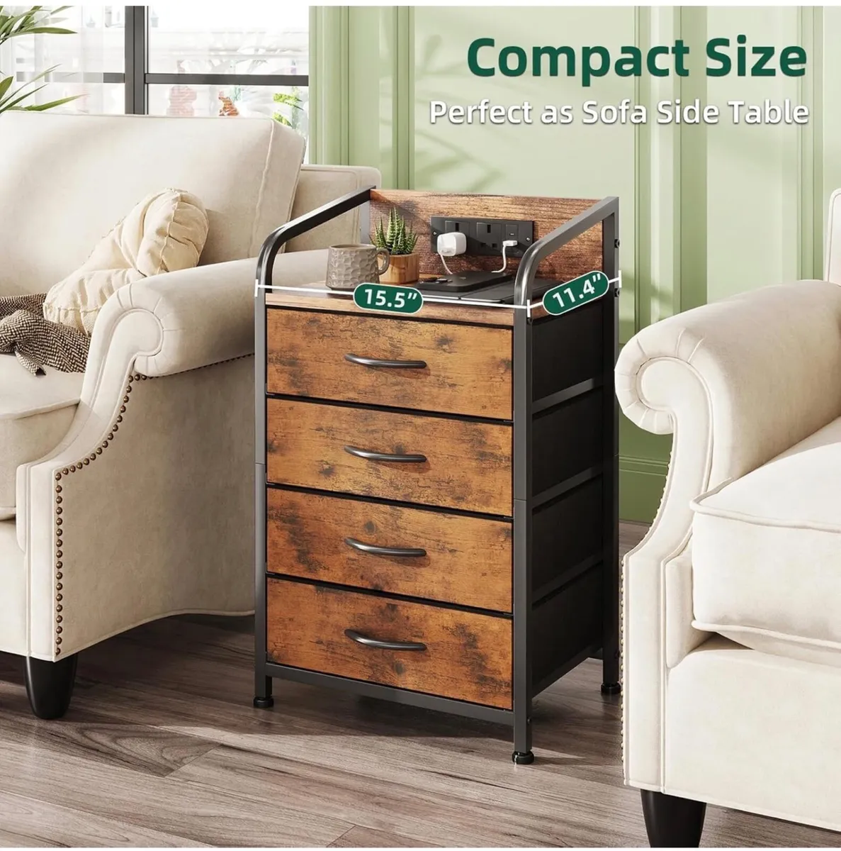 Bedside Table Cabinet with Drawers and Charging St - Image 4