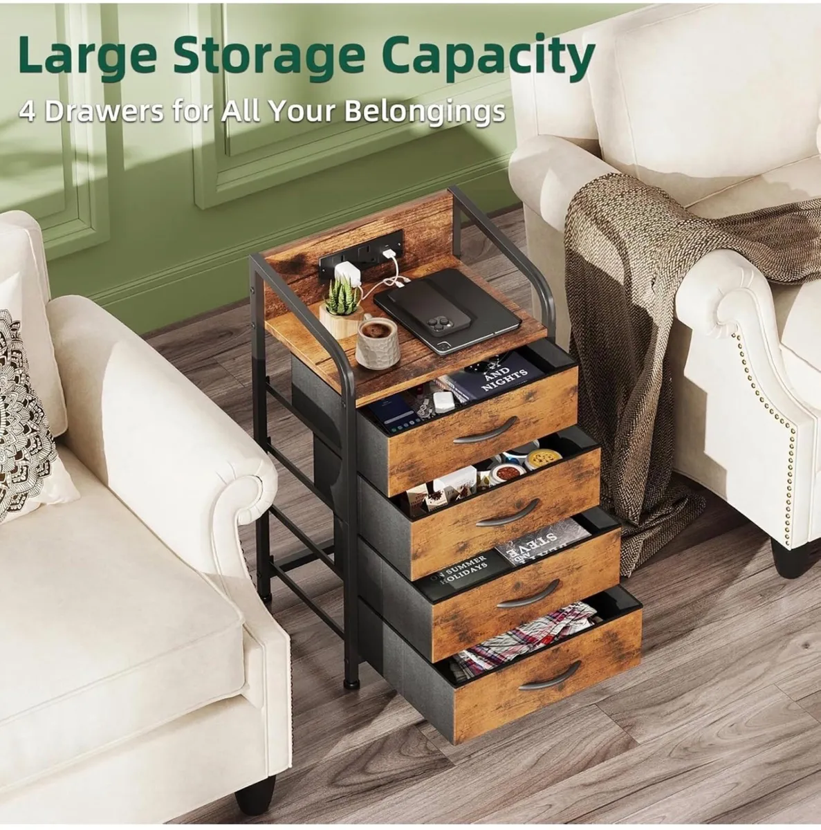 2 Bedside Table Cabinet with Drawers and Charging - Image 3