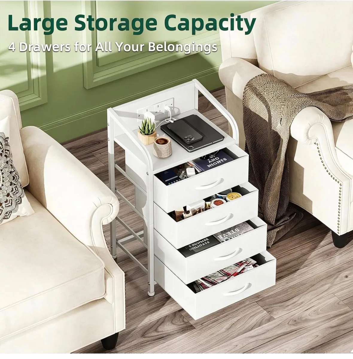 Bedside Table Cabinet with Drawers and Charging St - Image 3