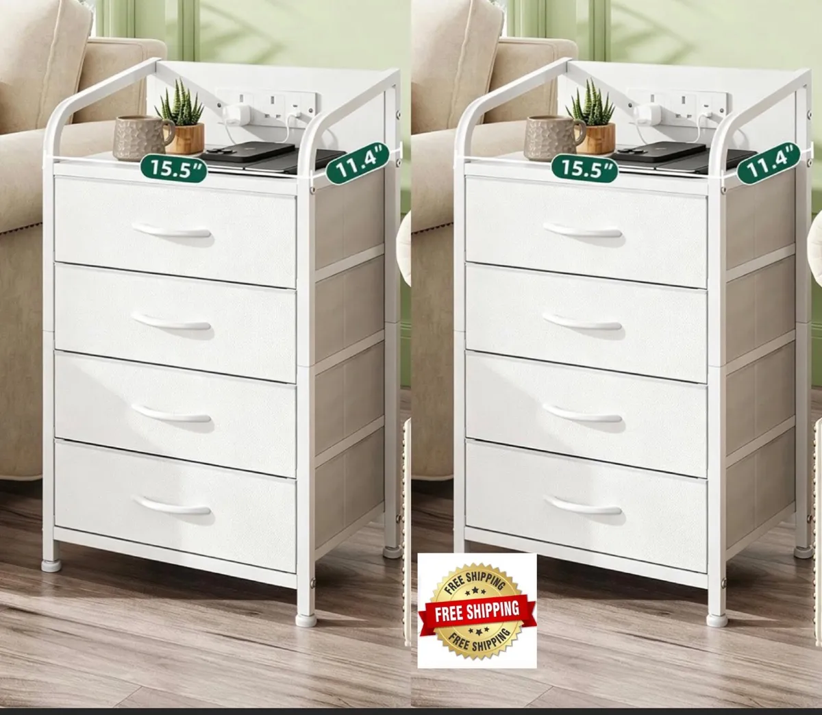Bedside Table Cabinet with Drawers and Charging St - Image 1