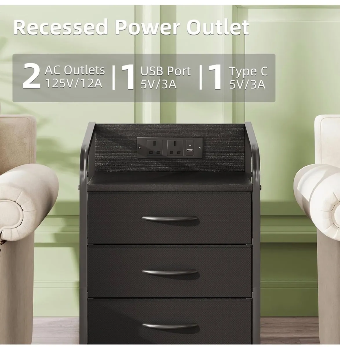 Bedside Table Cabinet with Drawers and Charging St - Image 4