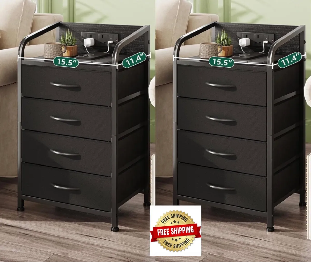 Bedside Table Cabinet with Drawers and Charging St - Image 1