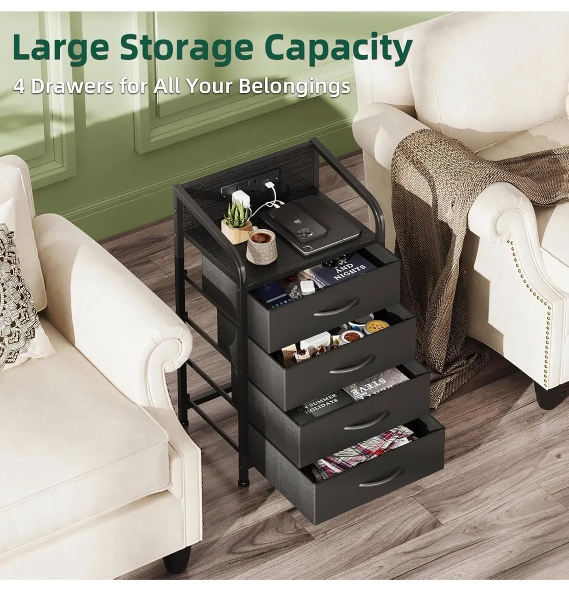 2 Bedside Table Cabinet with Drawers and Charging - Image 4