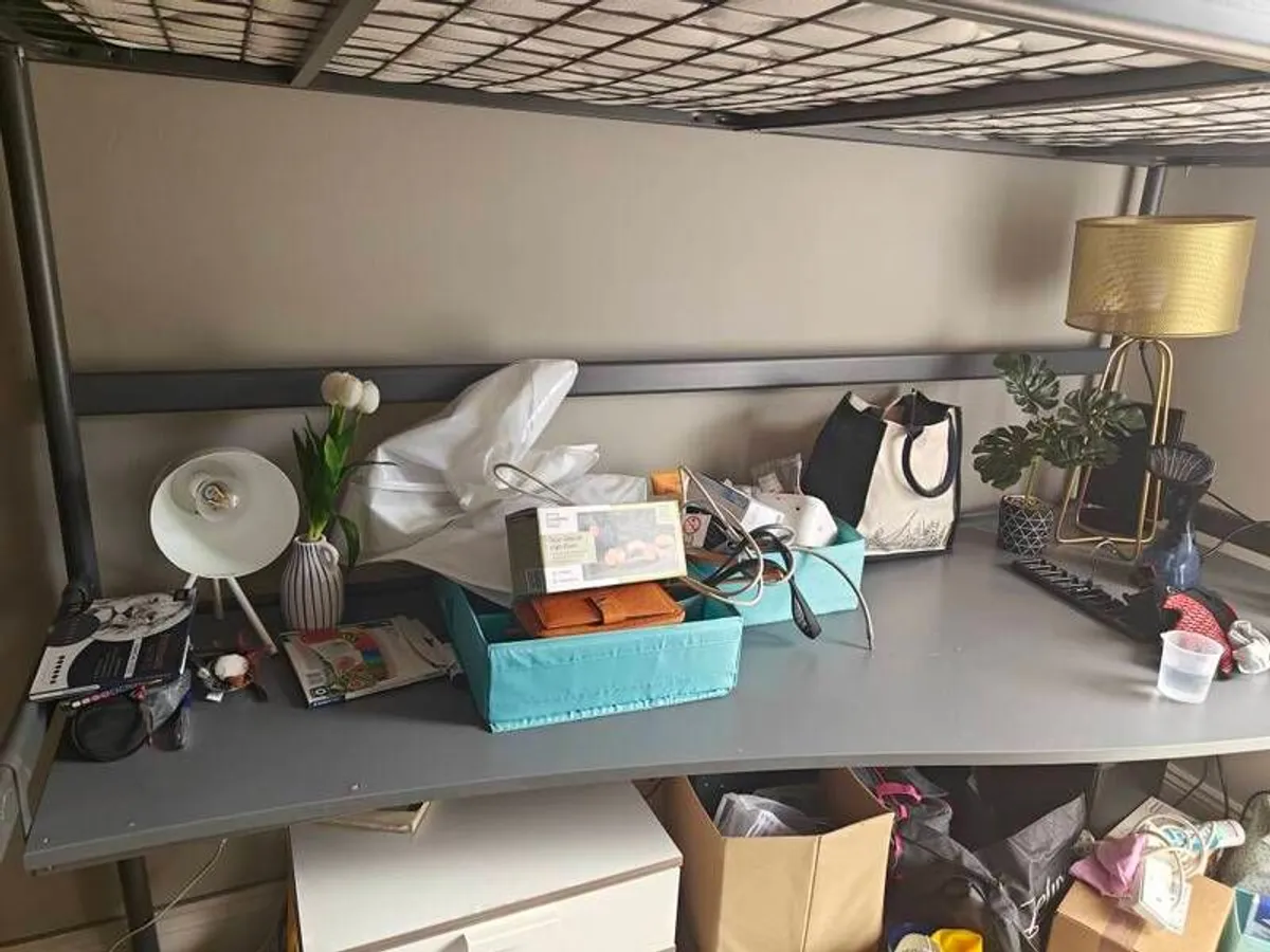 Loft bed with office desk beneath includes thick sprung mattress, very comfortable, frame can be fixed to the wall - Image 1