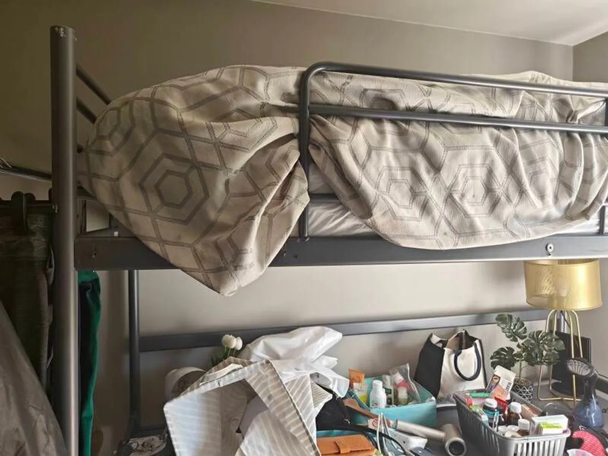 Loft bed with office desk beneath includes thick sprung mattress, very comfortable, frame can be fixed to the wall - Image 2