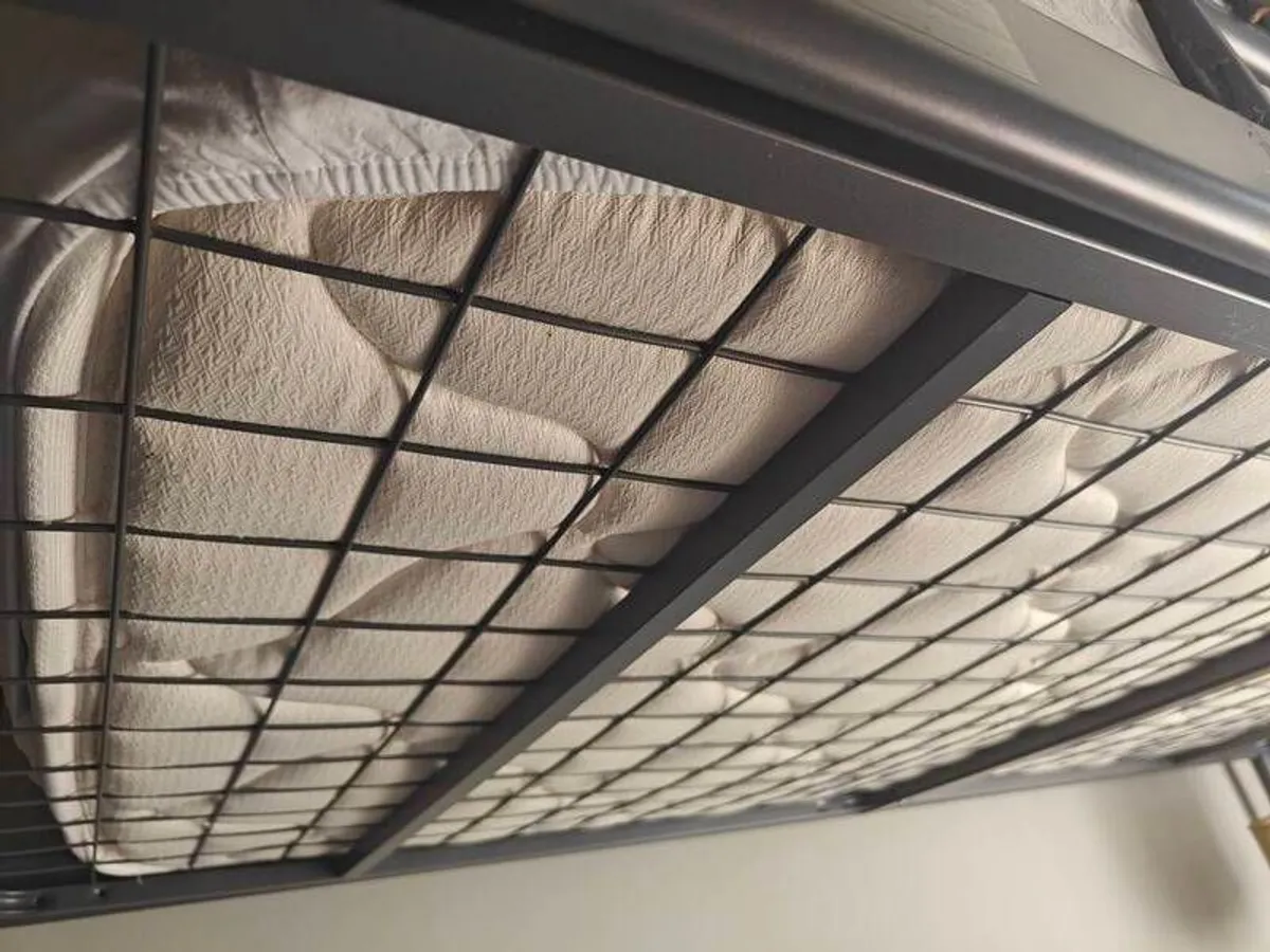 Loft bed with office desk beneath includes thick sprung mattress, very comfortable, frame can be fixed to the wall - Image 3