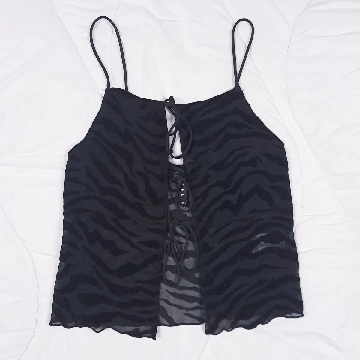 Motel Rocks Black Zebra Mesh Lace Up Cami Top S - Image 1