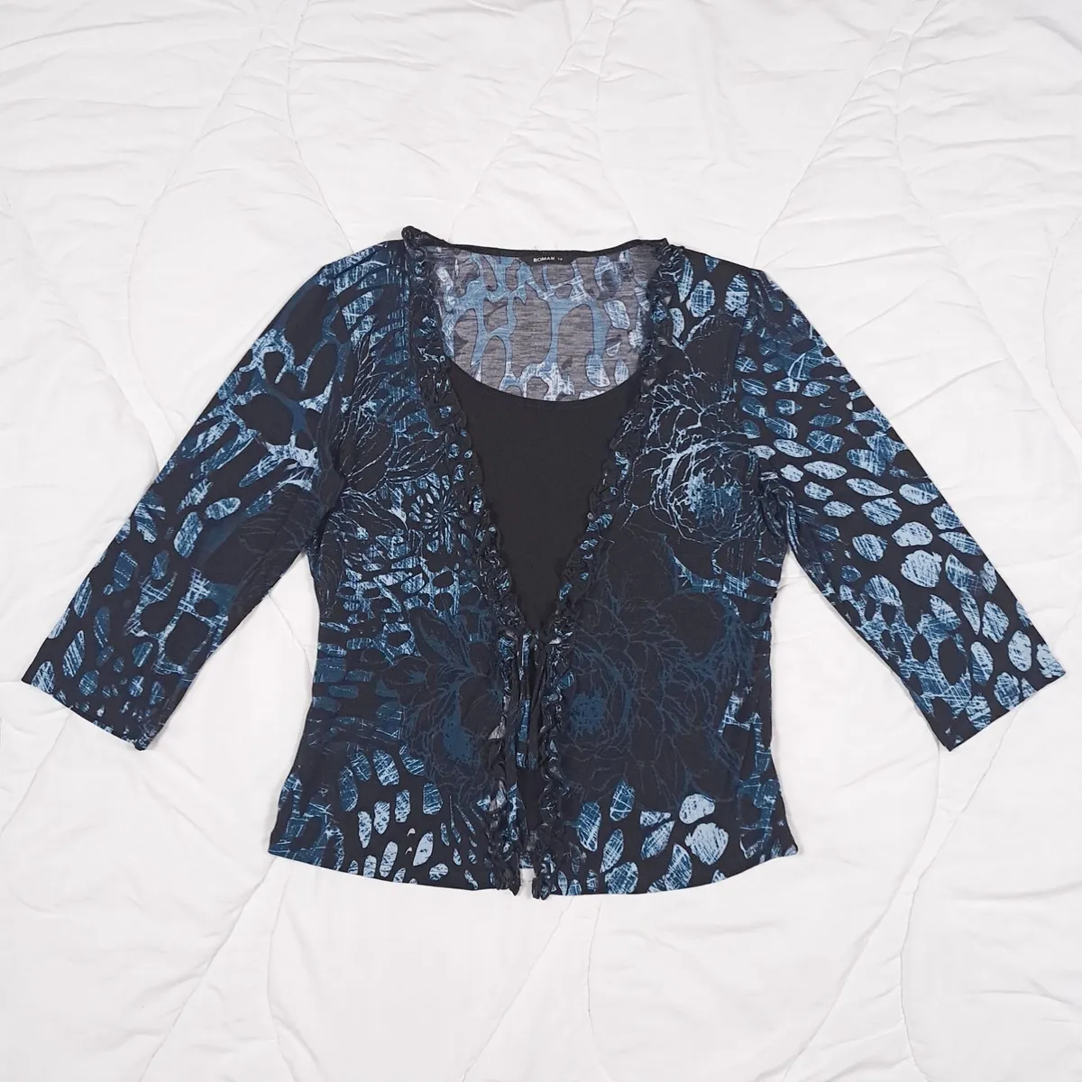 Roman Blue Black Abstract Ruffle Top 14UK/42EU - Image 1