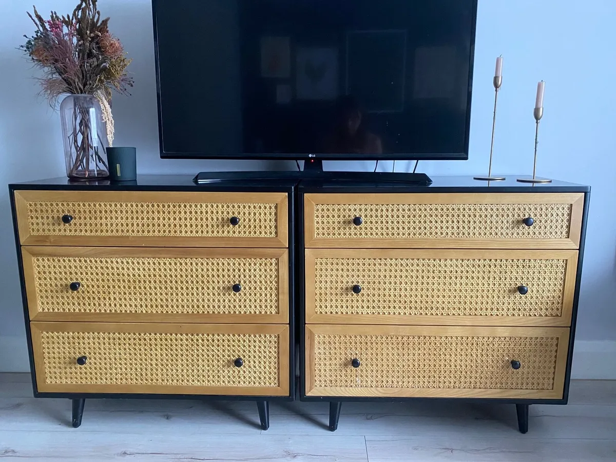 Matching Black & Rattan Chest of Drawers, Set of 2 - Image 1