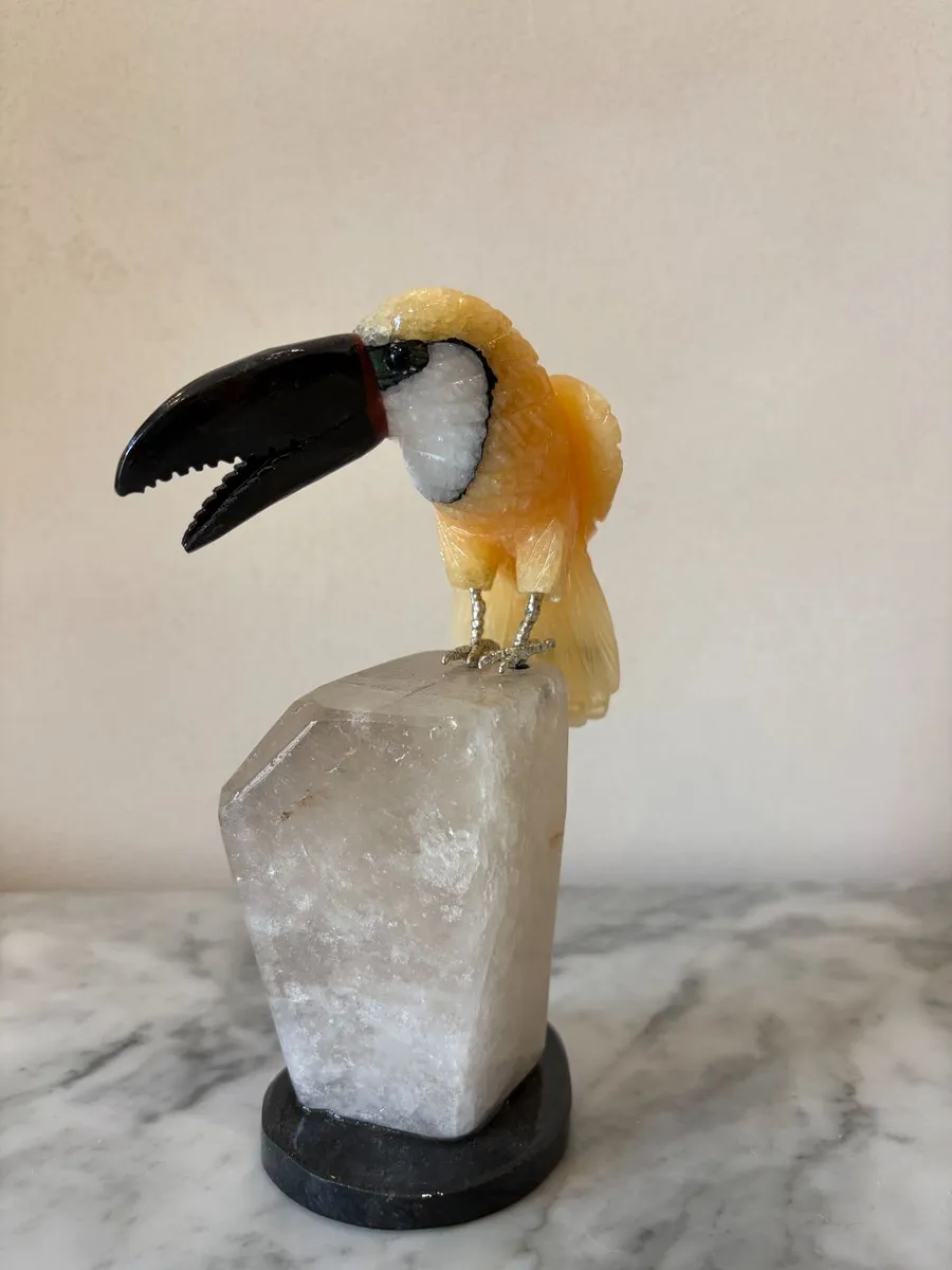 🦜 Hand-Carved Gemstone Toucan on Raw Quartz - Image 2