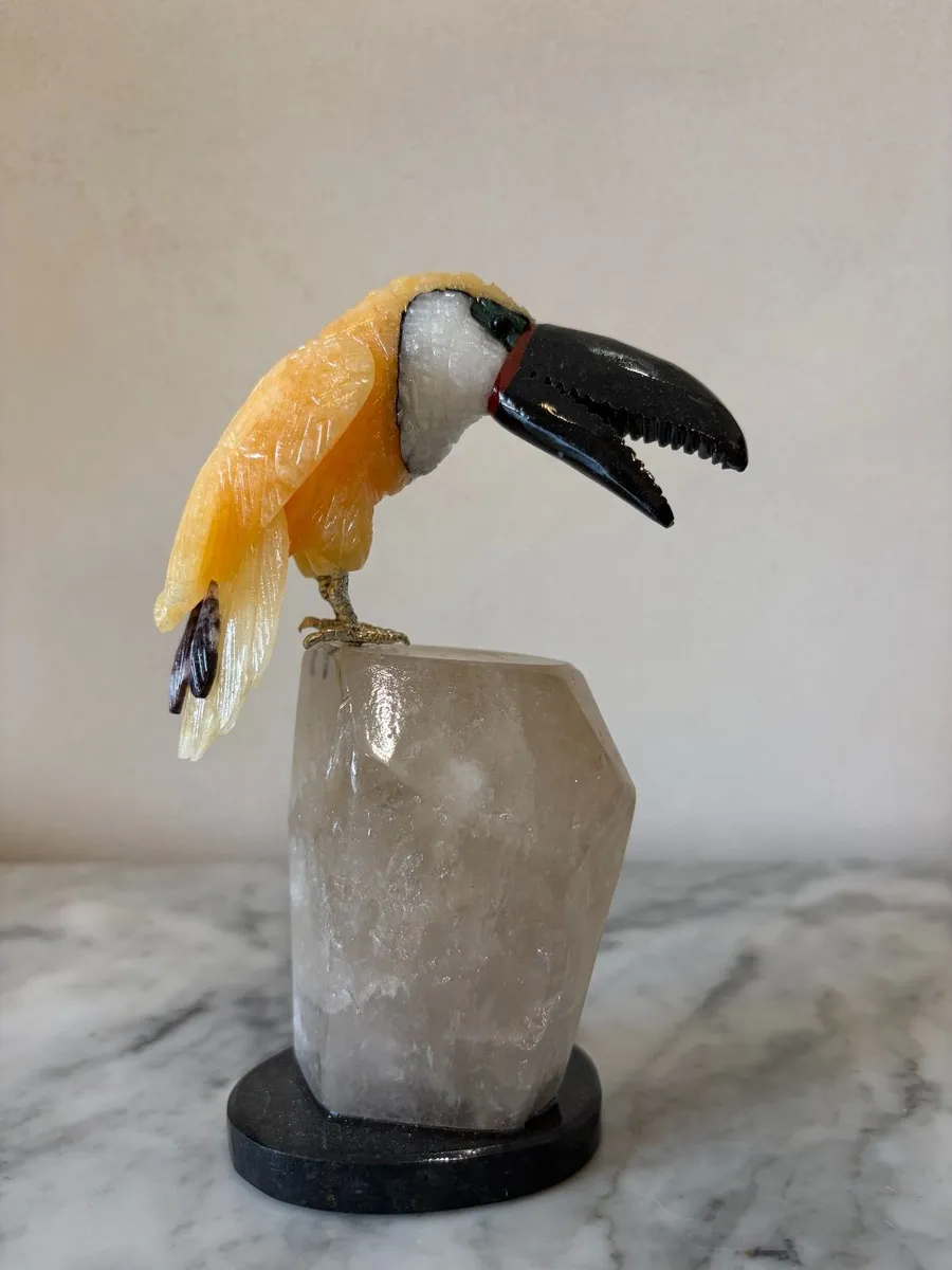 🦜 Hand-Carved Gemstone Toucan on Raw Quartz - Image 1