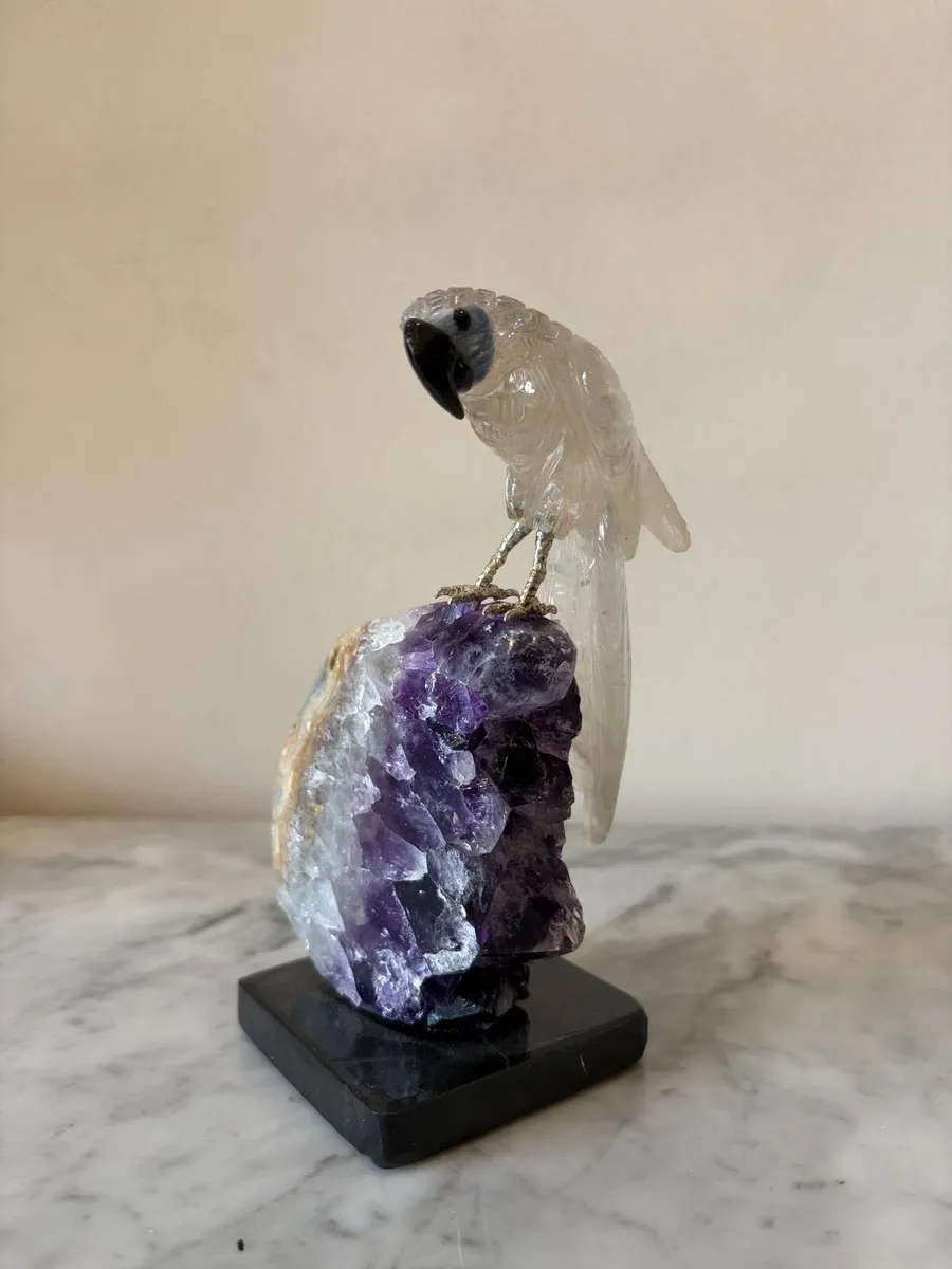 🪨 Clear Quartz Parrot on Deep Purple Amethyst - Image 1