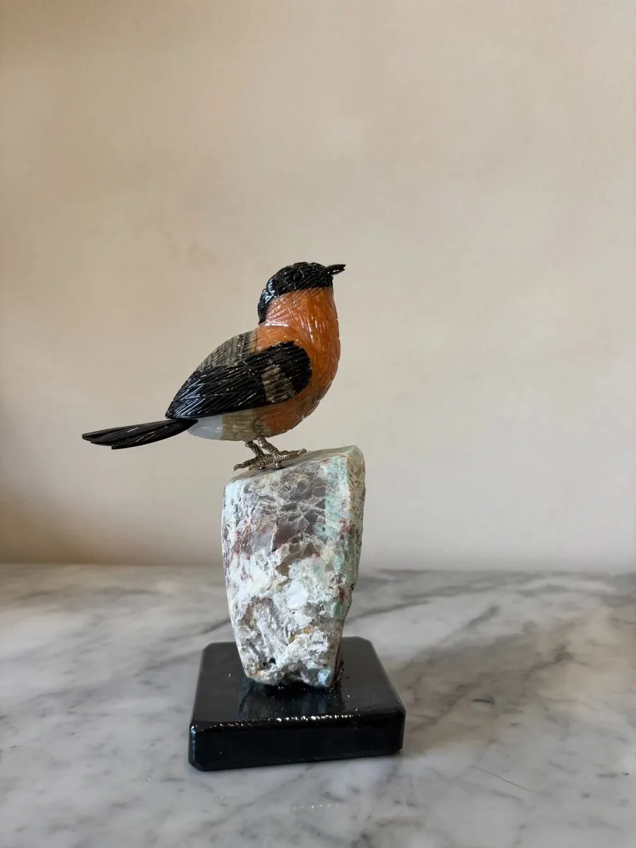 🍂 Hand-Carved Gemstone Bullfinch on Raw Amazonite - Image 1