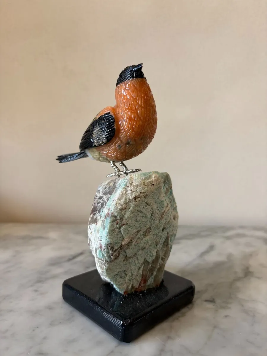 🍂 Hand-Carved Gemstone Bullfinch on Raw Amazonite - Image 3