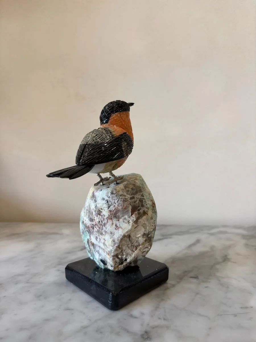 🍂 Hand-Carved Gemstone Bullfinch on Raw Amazonite - Image 2