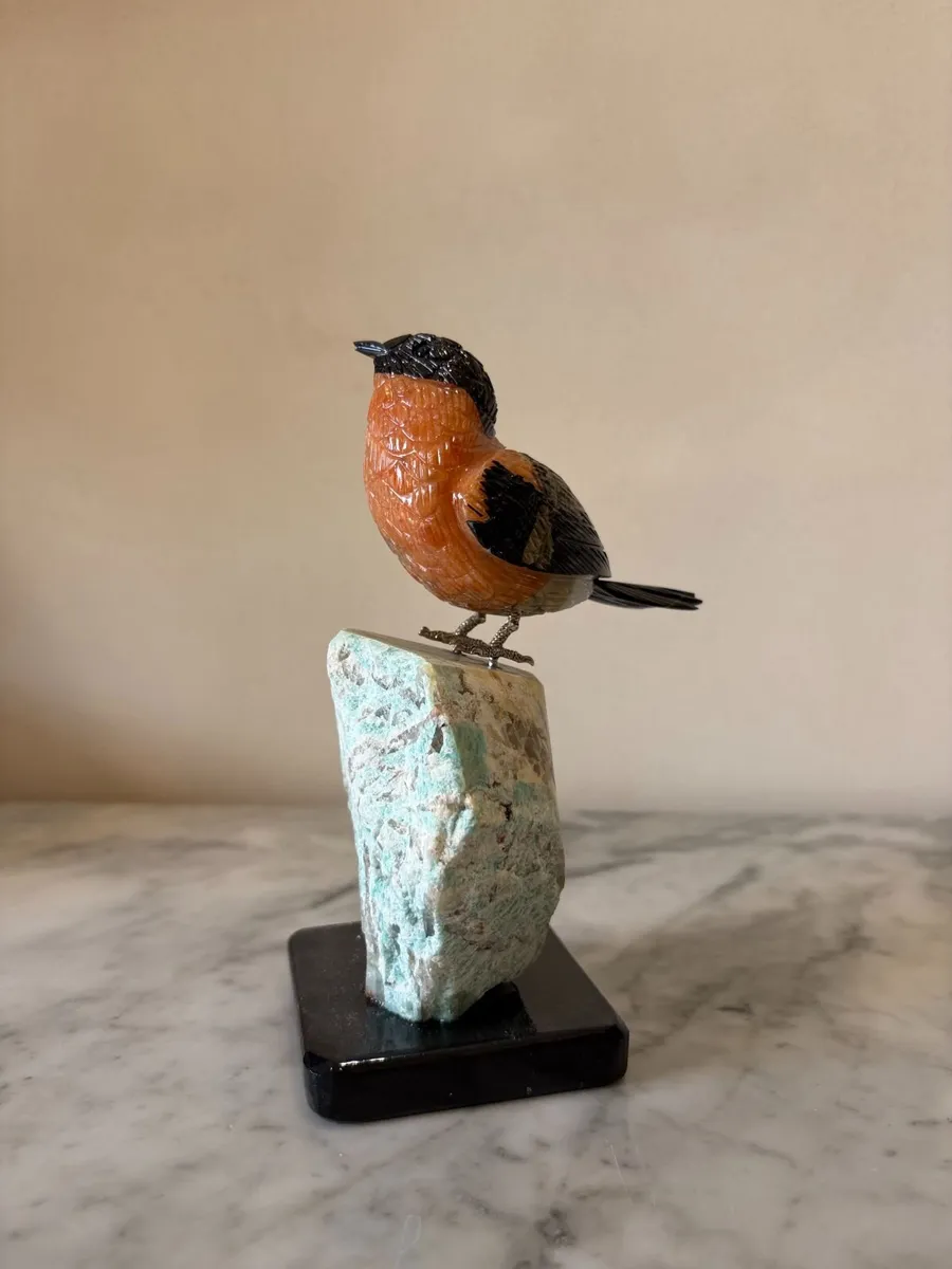 🍂 Hand-Carved Gemstone Bullfinch on Raw Amazonite - Image 4
