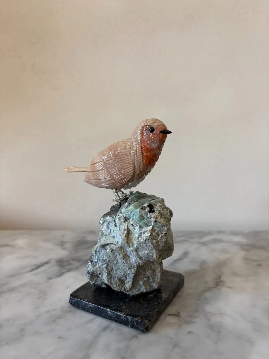 Hand-Carved Gemstone European Robin on Raw Crystal - Image 4