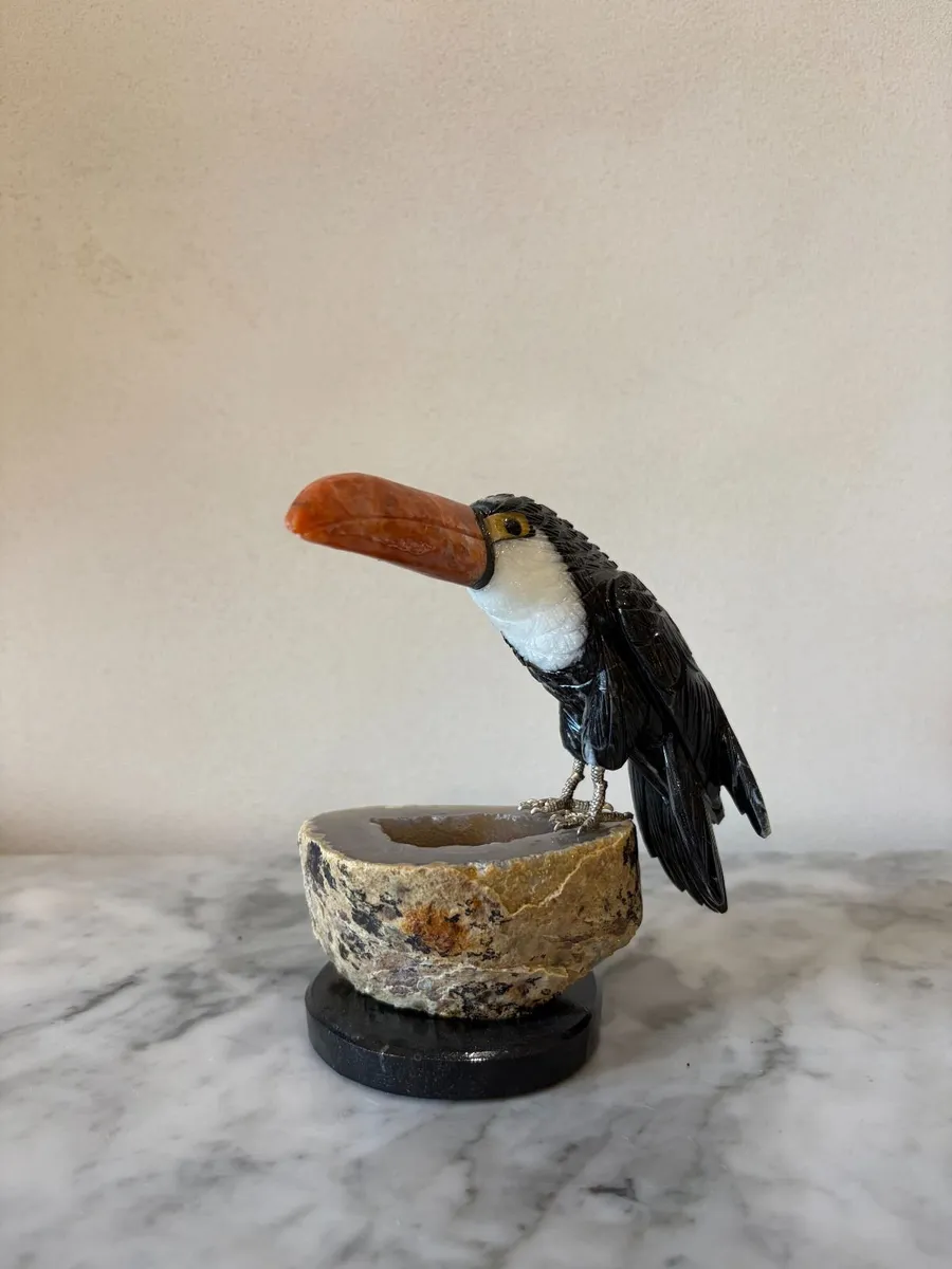 Hand-Carved Gemstone Toucan on Agate Geode Base - Image 1