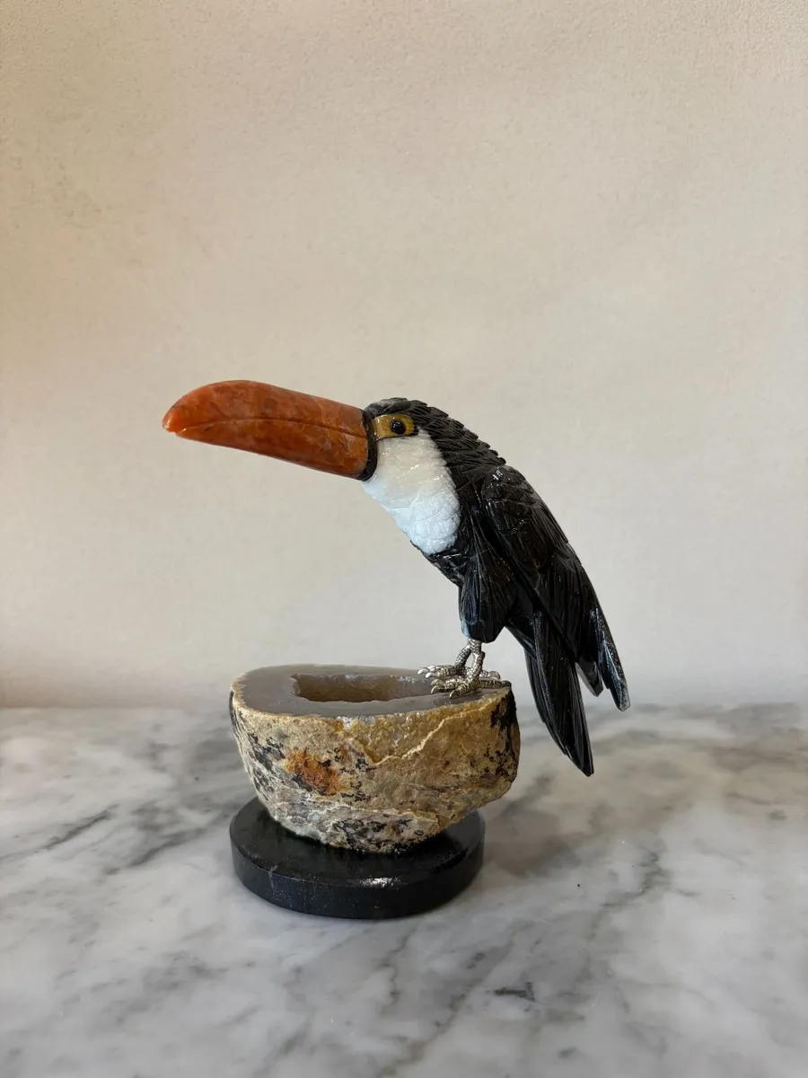 Hand-Carved Gemstone Toucan on Agate Geode Base - Image 2