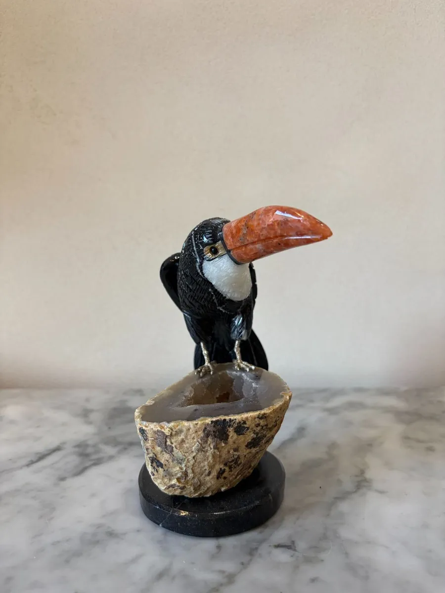 Hand-Carved Gemstone Toucan on Agate Geode Base - Image 4