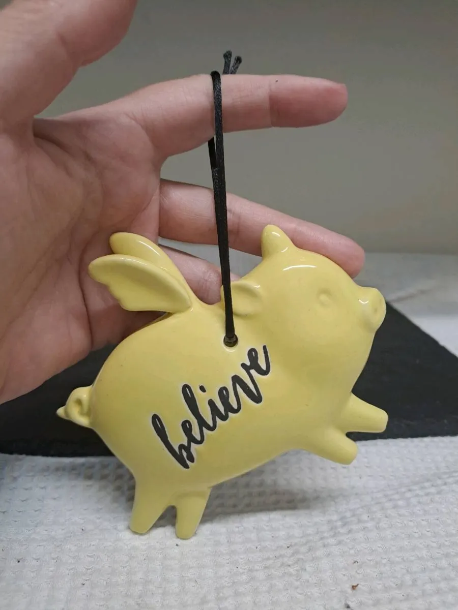 Flying Pig "Believe" Ceramic Hanging Ornament - Image 1