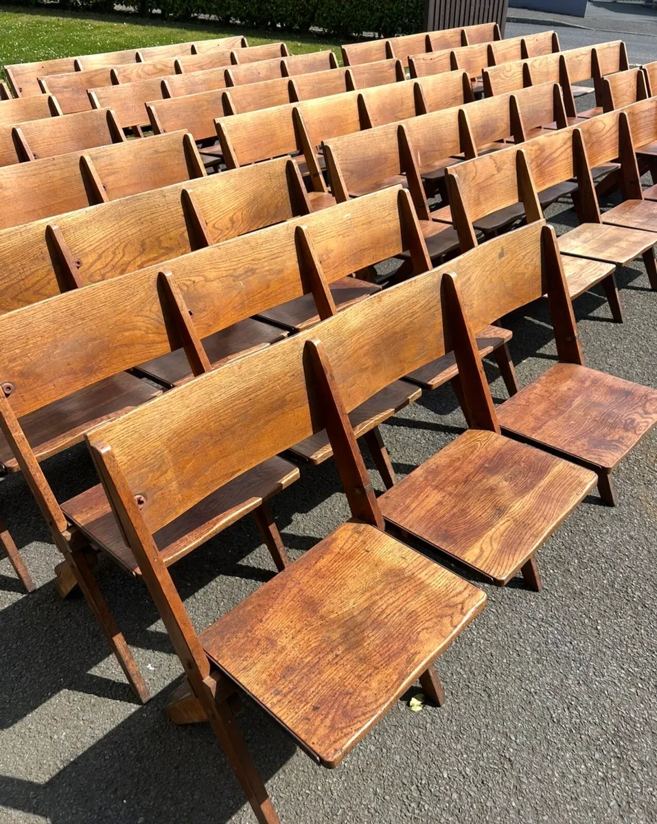 Antique 1930s solid oak church benches chairs - Image 4